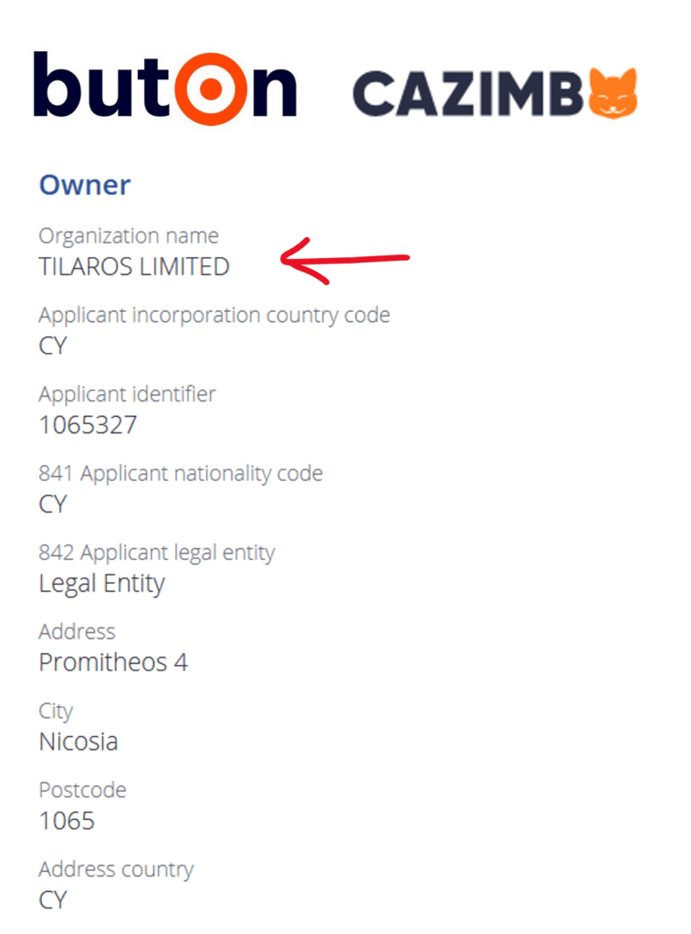 Торговые марки Buton и Cazimbo зарегистрированы компанией Tilaros Limited на Кипре